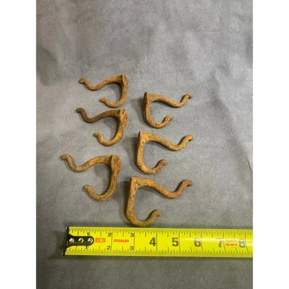 6 Antique Vintage Rustic Cast Wrought Iron Wall COAT HOOKS Hardware 3" RUSTY - Picture 10 of 11